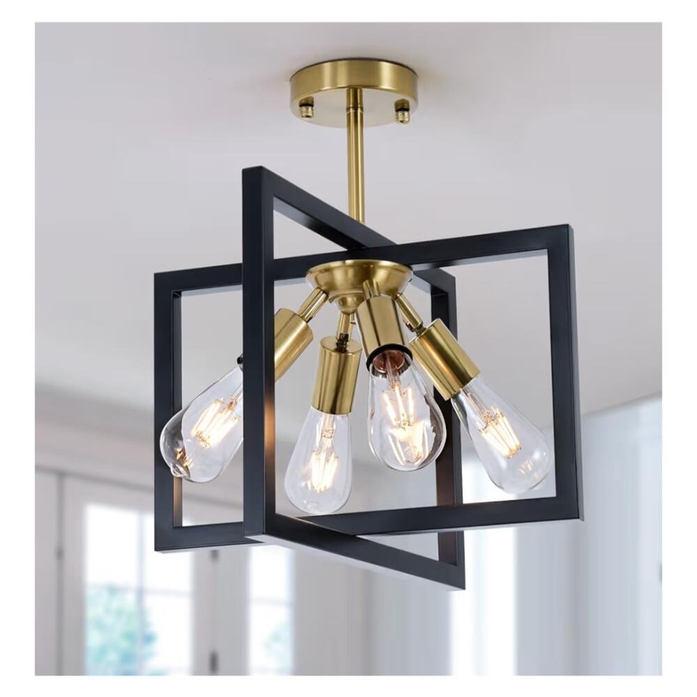 Zhkung 4-Light Ceiling Light Black Gold Industrial Flush Mount Fixture